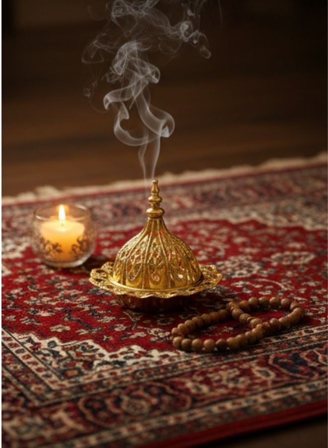 مبخرة بخور ذهبية بتصميم عربي فاخر – مبخرة معدنية مزخرفة من الحديد عالي الجودة مع غطاء قابل للإزالة – لتعطير الجو ونشر الروائح العطرية بالتساوي – قطعة ديكور فاخرة للمنازل والمناسبات – هدية مثالية للأصدقاء والعائلة - Image 2